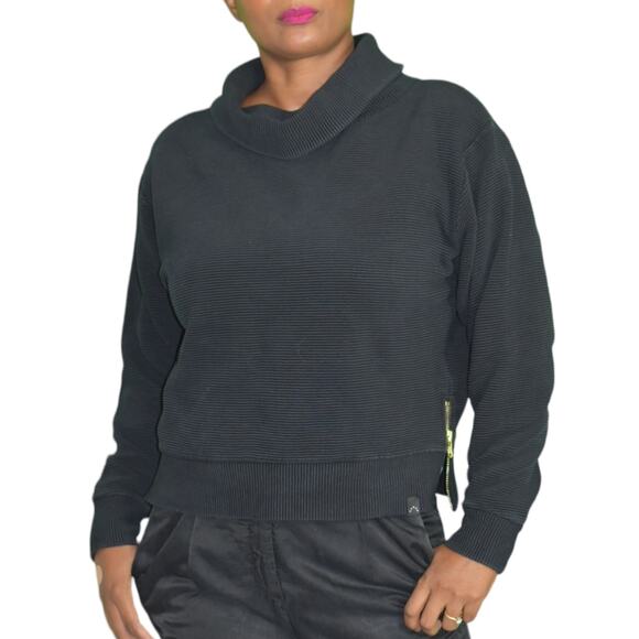 Varley Simon Sweatshirt Black Ottoman Rib Boxy Turtleneck Side Zip Size Medium - Picture 1 of 14